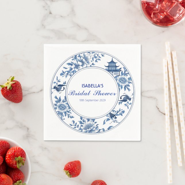 Elegant Blue Chinoiserie Victorian Chinese Floral  Napkins (Insitu)
