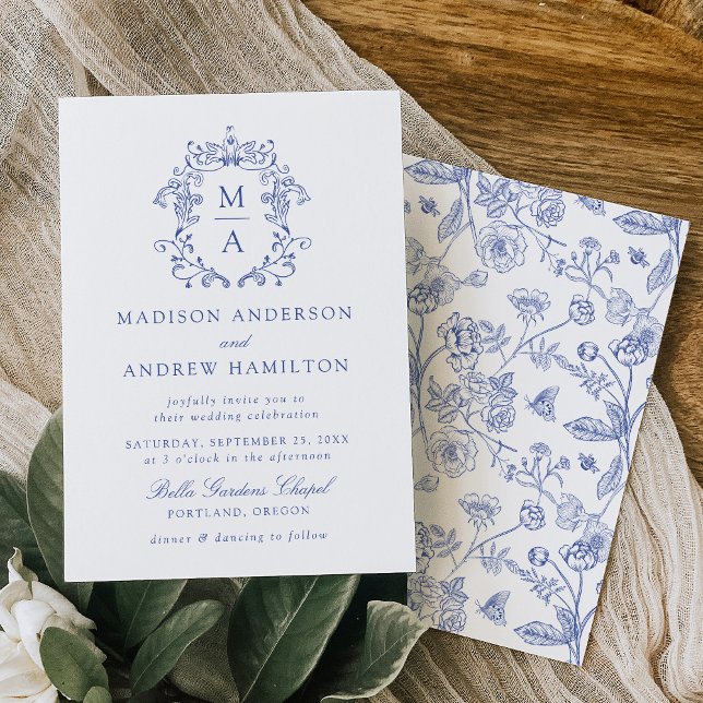Elegant Blue Chinoiserie Victorian Floral Wedding Invitation (Creator Uploaded)
