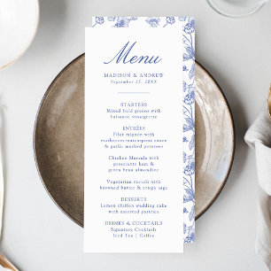 Elegant Blue Chinoiserie Victorian Floral Wedding Menu