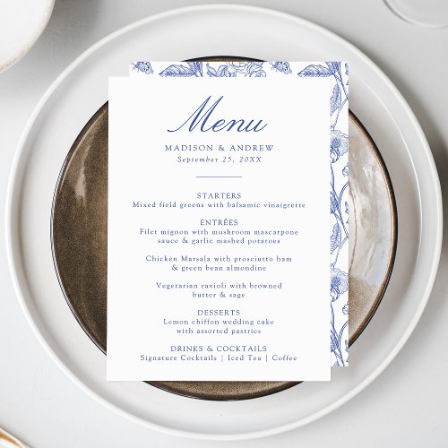 Elegant Blue Chinoiserie Victorian Floral Wedding Menu