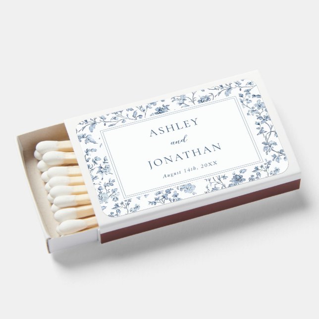 Elegant Blue Chinoiserie Wedding Matchboxes (Front Open)