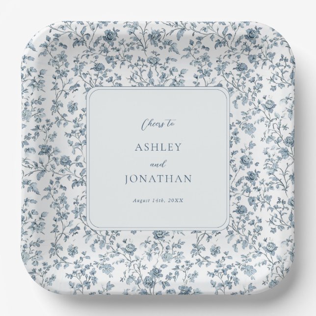 Elegant Blue Chinoiserie Wedding Paper Plates (Front)