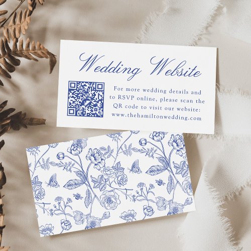 Elegant Blue Chinoiserie Wedding Website QR Code Enclosure Card