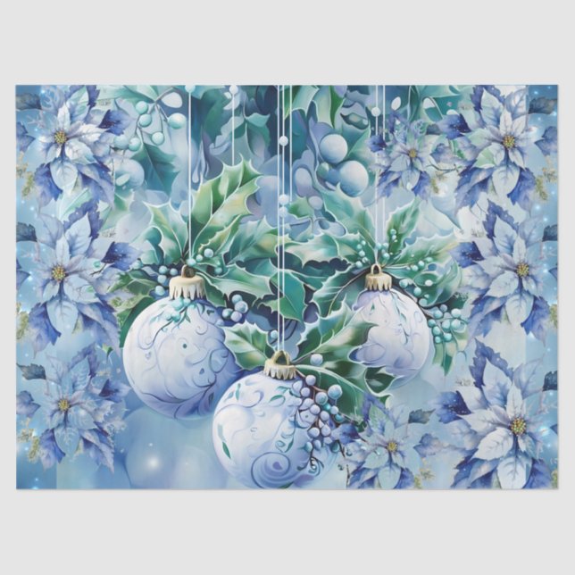 Elegant Blue Christmas Floral Balls Decoupage Tissue Paper (Front)