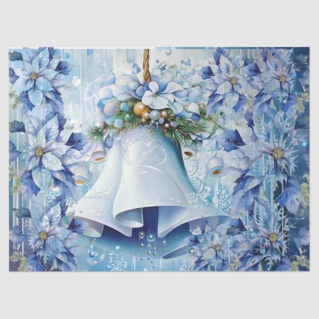 Elegant Blue Christmas Floral Bells Decoupage Tissue Paper (Front)