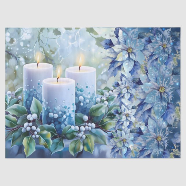 Elegant Blue Christmas Floral Candles Decoupage Tissue Paper (Front)