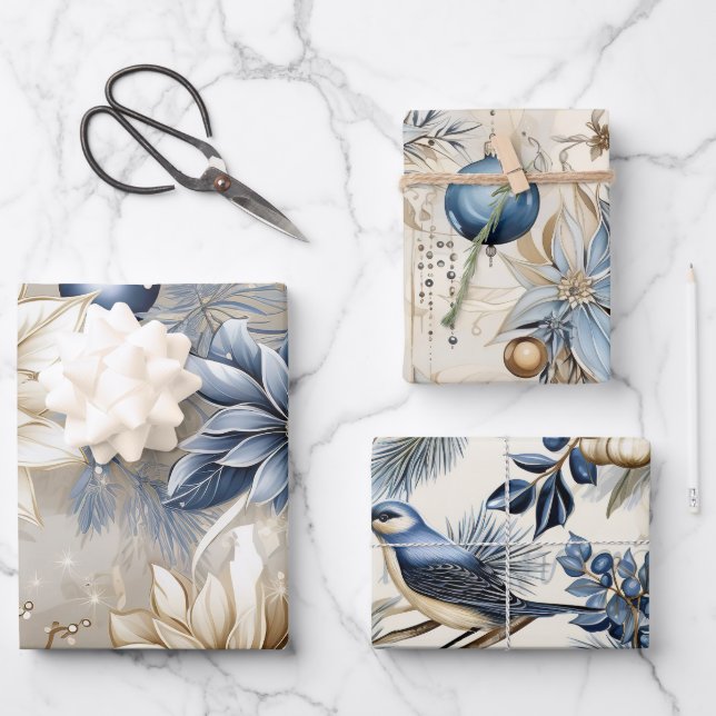 Elegant Blue Christmas Floral  Wrapping Paper Sheets (Front)