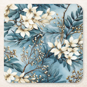 Elegant Blue Christmas Florals  Square Paper Coaster