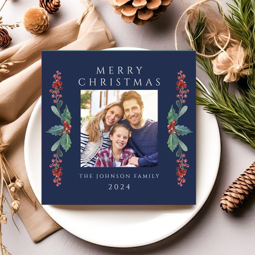 Elegant Blue Christmas Greenery Photo Holiday Card