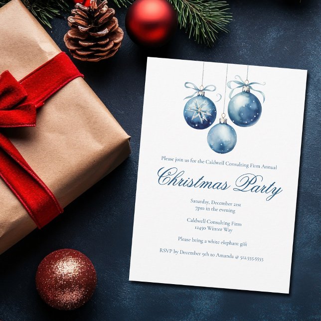Elegant Blue Christmas Ornaments Company Party Invitation (Creator Uploaded)