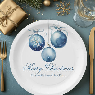 Elegant Blue Christmas Ornaments Company Party Paper Plates