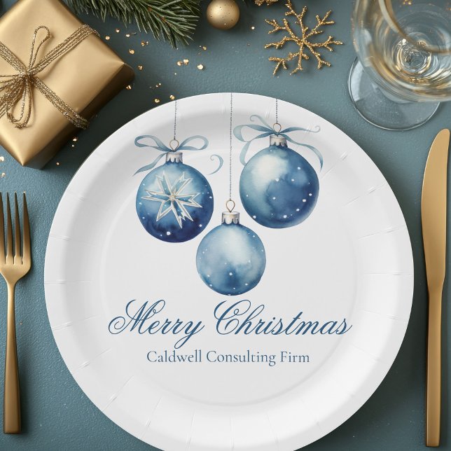Elegant Blue Christmas Ornaments Company Party Paper Plates (Creator Uploaded)
