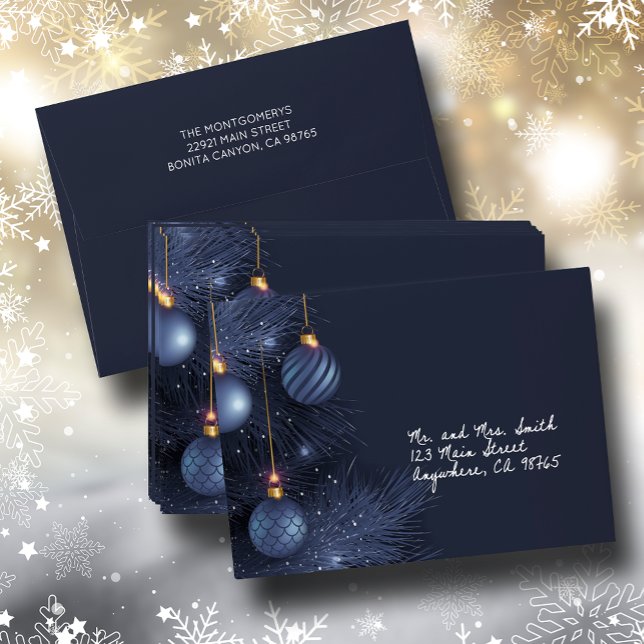 Elegant Blue Christmas Ornaments on Dark Blue Envelope (Elegant Blue Ornaments on Dark Blue Envelopes - FREE return address printed on the back)
