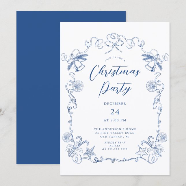 Elegant Blue Christmas Party Invitation (Front/Back)