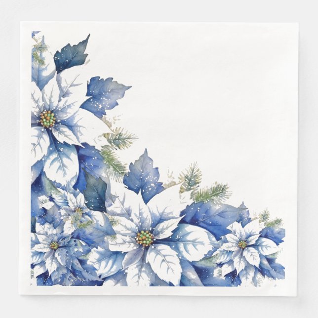 Elegant Blue Christmas Poinsettia  Paper Dinner Napkins (Front)