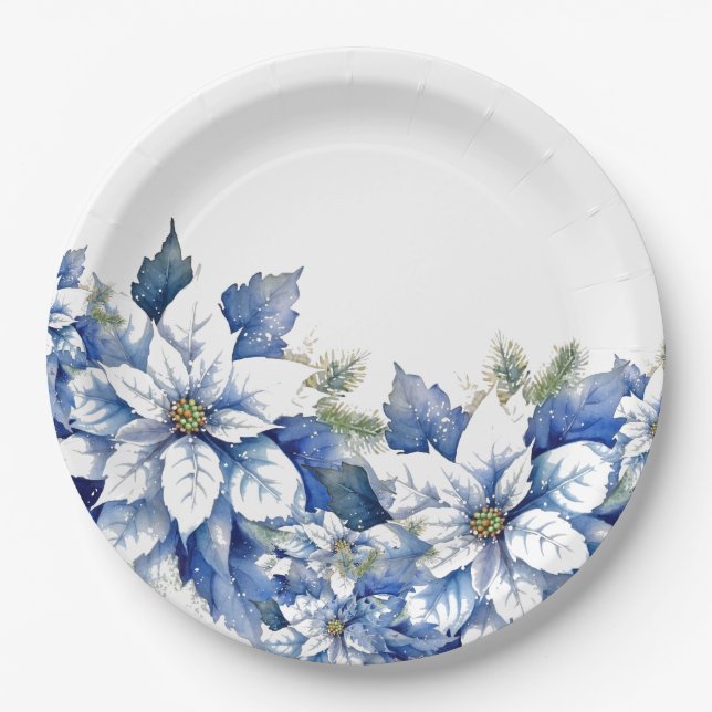 Elegant Blue Christmas Poinsettia  Paper Plates (Front)
