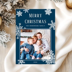 Elegant Blue Christmas Snowflakes Photo Holiday Card