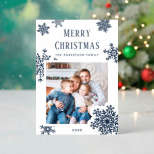 Elegant Blue Christmas Snowflakes Photo Holiday Letterpress Photo Cards