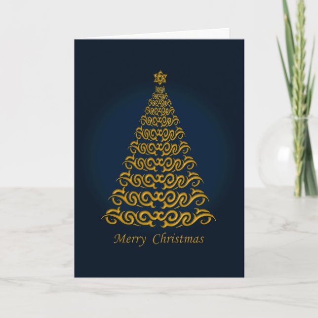 Elegant  Blue Christmas Tree Greetings Card (Front)