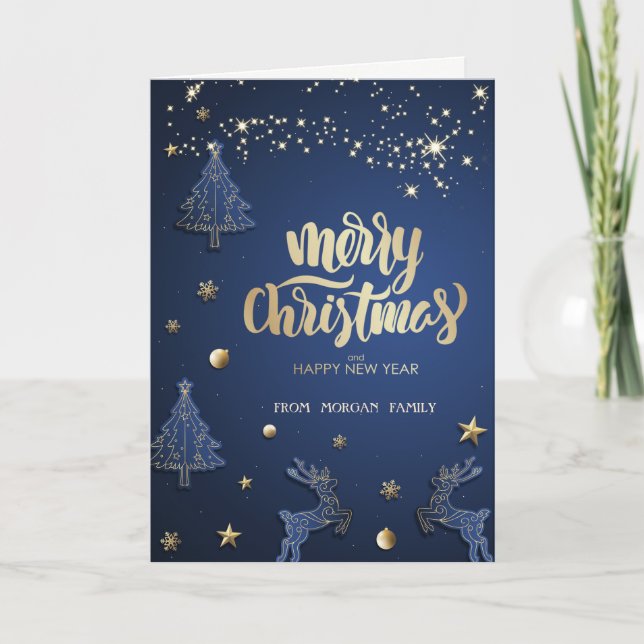 Elegant Blue Christmas Tree,Reindeer Holiday Card (Front)