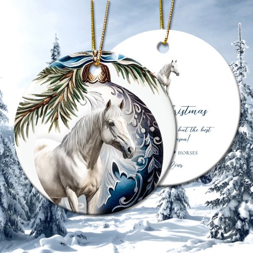 Elegant blue Christmas white horse equestrian Ceramic Ornament