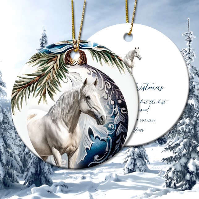 Elegant blue Christmas white horse equestrian Ceramic Ornament (Elegant blue Christmas white horse equestrian Ceramic Ornament)