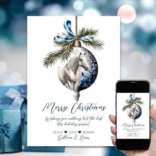 Elegant blue Christmas white horse equestrian Holiday Card