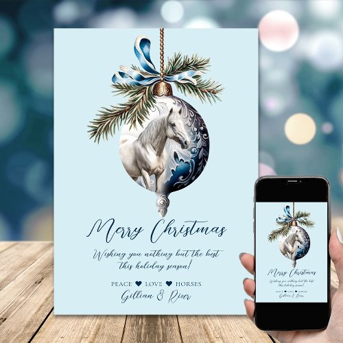 Elegant blue Christmas white horse equestrian Holiday Card