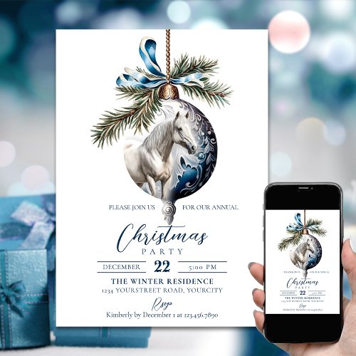 Elegant blue Christmas white horse equestrian Invitation