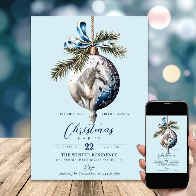Elegant blue Christmas white horse equestrian Invitation (Elegant blue Christmas white horse equestrian Invitation)