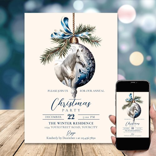 Elegant blue Christmas white horse equestrian Invitation