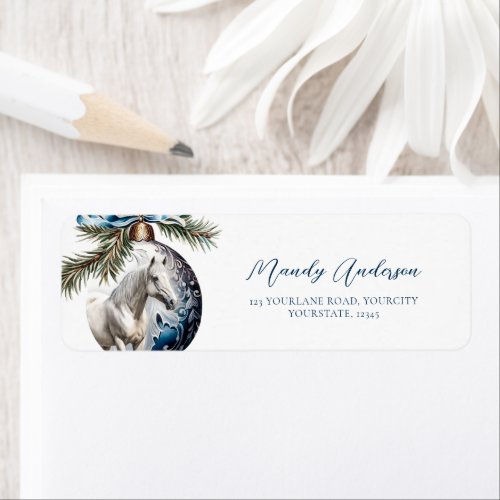 Elegant blue Christmas white horse equestrian Label