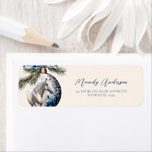 Elegant blue Christmas white horse equestrian Label
