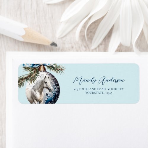 Elegant blue Christmas white horse equestrian Label