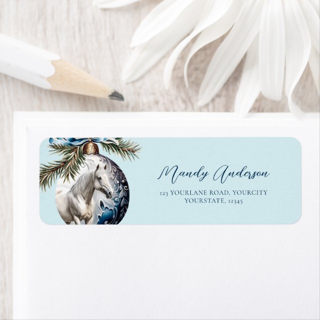 Elegant blue Christmas white horse equestrian Label (Insitu)