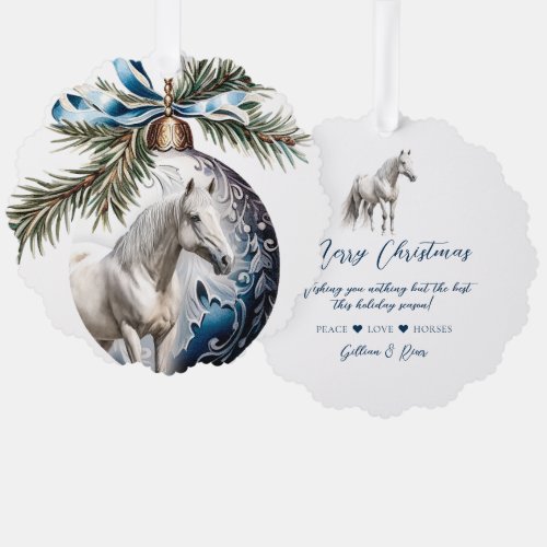 Elegant blue Christmas white horse equestrian Ornament Card