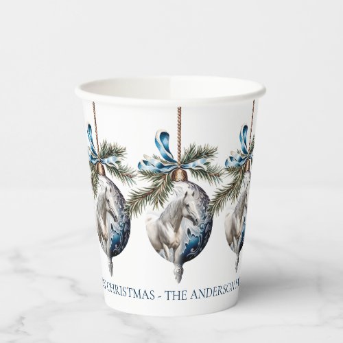 Elegant blue Christmas white horse equestrian Paper Cups