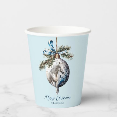 Elegant blue Christmas white horse equestrian Paper Cups