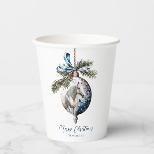 Elegant blue Christmas white horse equestrian Paper Cups