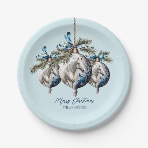 Elegant blue Christmas white horse equestrian Paper Plates