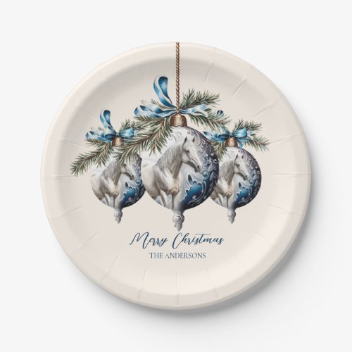 Elegant blue Christmas white horse equestrian Paper Plates