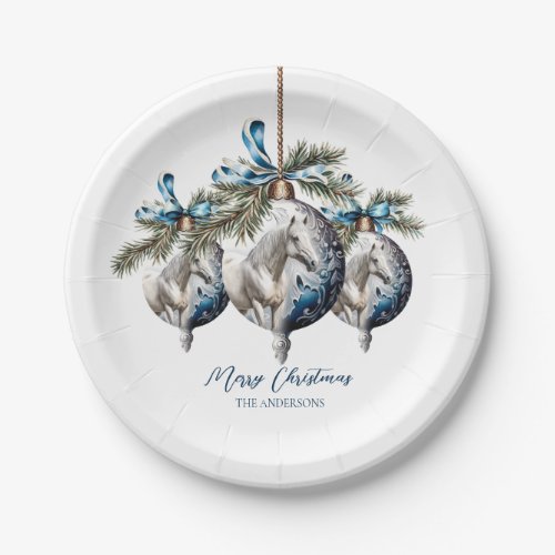 Elegant blue Christmas white horse equestrian Paper Plates