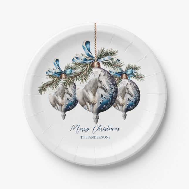 Elegant blue Christmas white horse equestrian Paper Plates (Front)