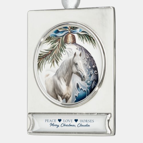 Elegant blue Christmas white horse equestrian Silver Plated Banner Ornament