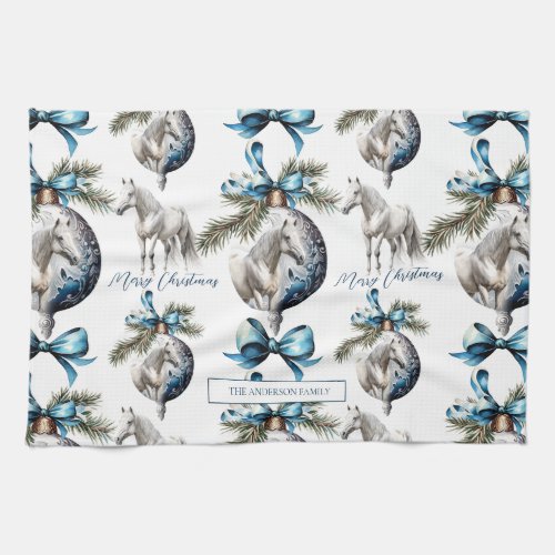 Elegant blue Christmas white horse pattern Kitchen Towel