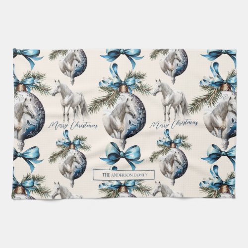 Elegant blue Christmas white horse pattern Kitchen Towel