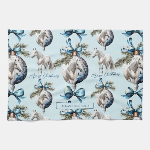 Elegant blue Christmas white horse pattern Kitchen Towel