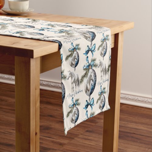 Elegant blue Christmas white horse pattern Short Table Runner