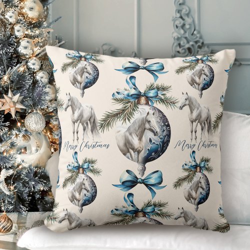 Elegant blue Christmas white horse pattern Throw Pillow