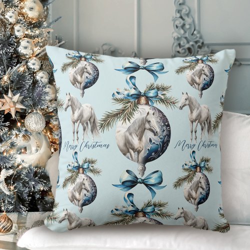 Elegant blue Christmas white horse pattern Throw Pillow